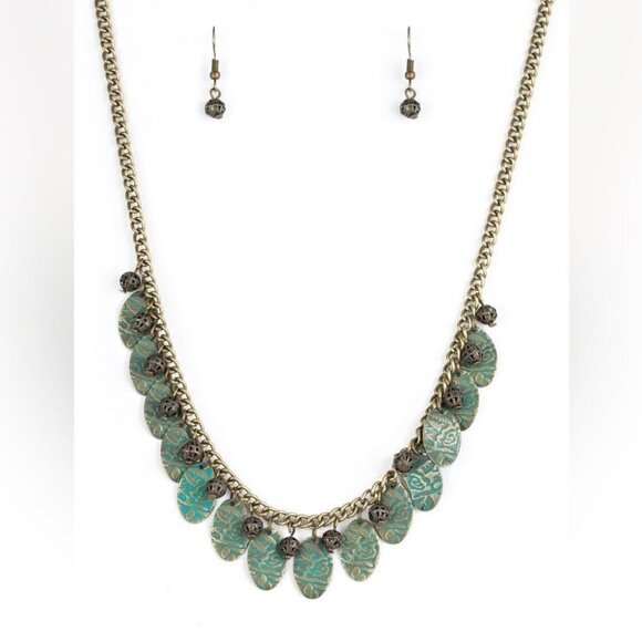 Set!!!Bronze leaf with greenantiqued finish necklace with earrings - Picture 1 of 1